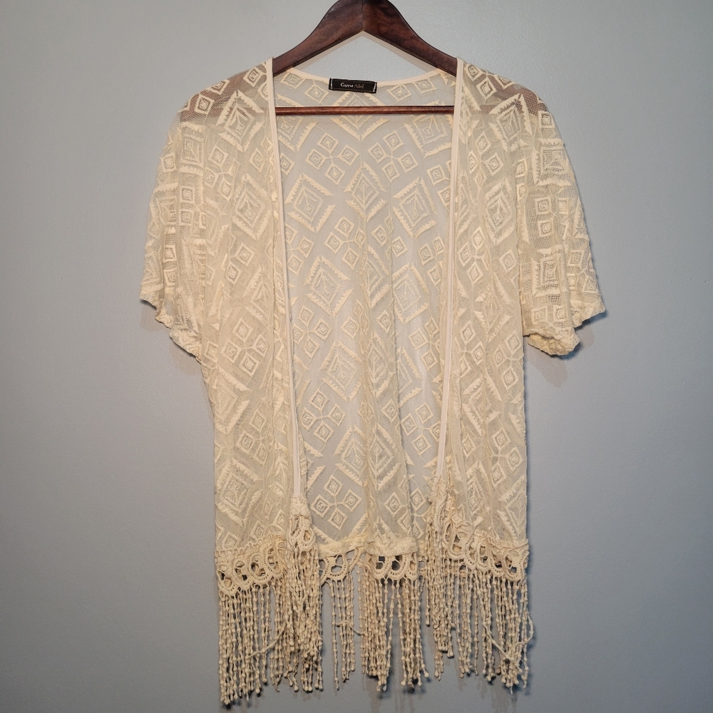Carrie Allen Vintage Cream Lace Crochet Tassel Cardigan Women's Size‎ Medium